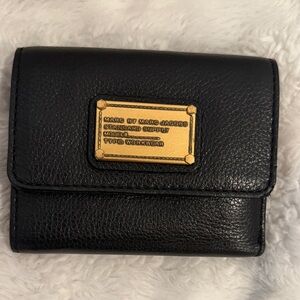 Marc by Marc Jacobs Black Leather Compact Wallet with Gold Plaque